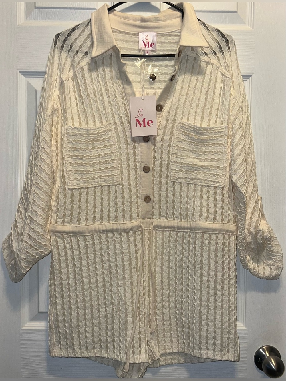 So Me Cream Textured Knit Button-Front Women's Romper